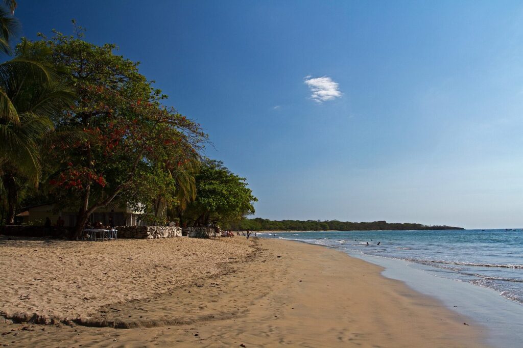 Playa de Guanacaste con arena dorada y árboles junto a la orilla
