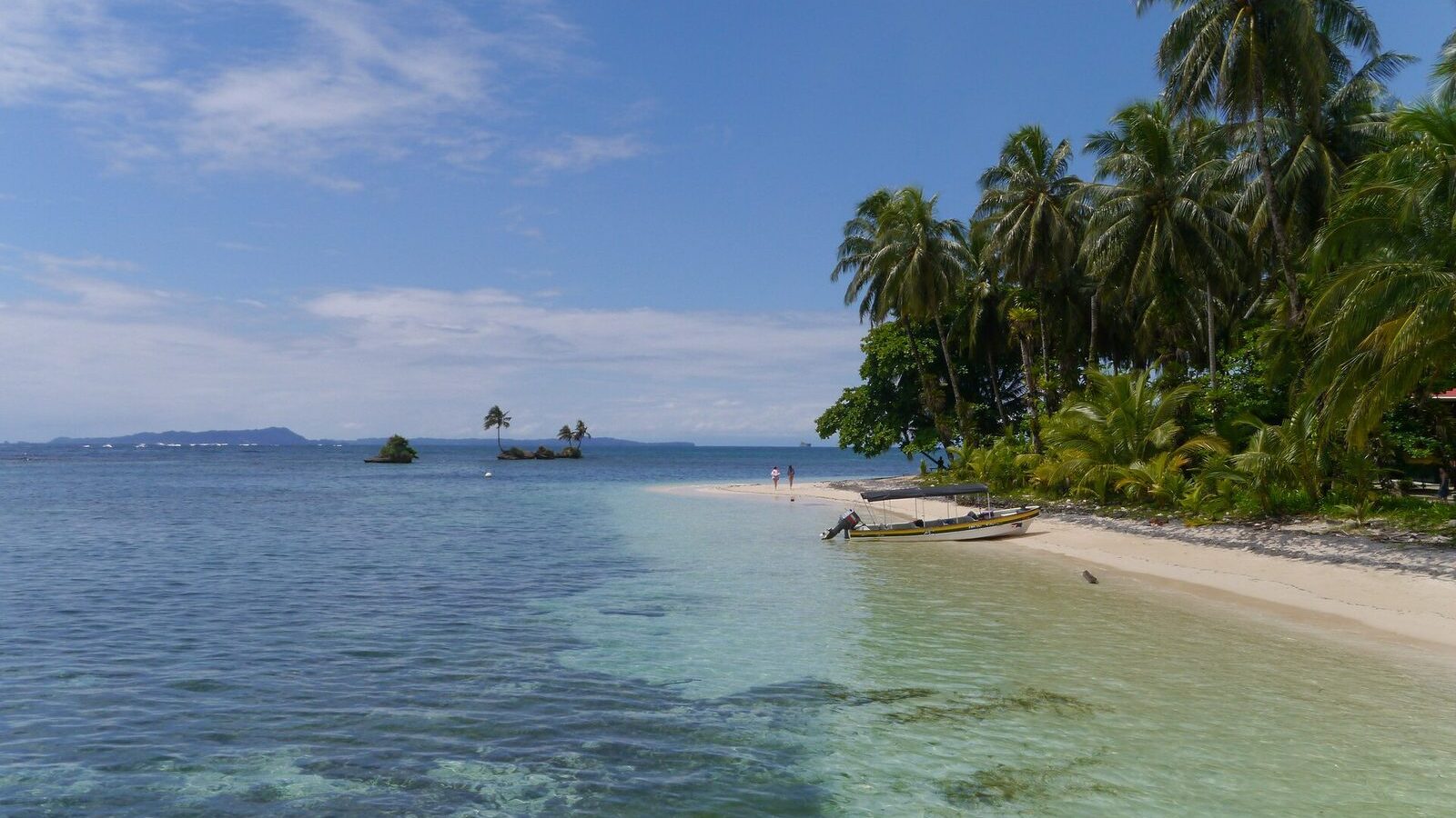 Playa de arena blanca y agua turquesa con palmeras en Bocas del Toro